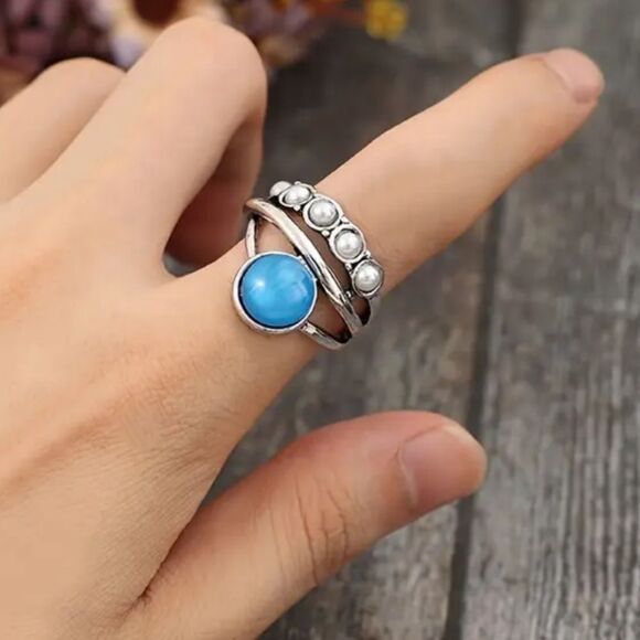 ✨🆕✨ BoHo Vintage Stacked Blue Gem Decor Silver Ring ✨ - Picture 5 of 12